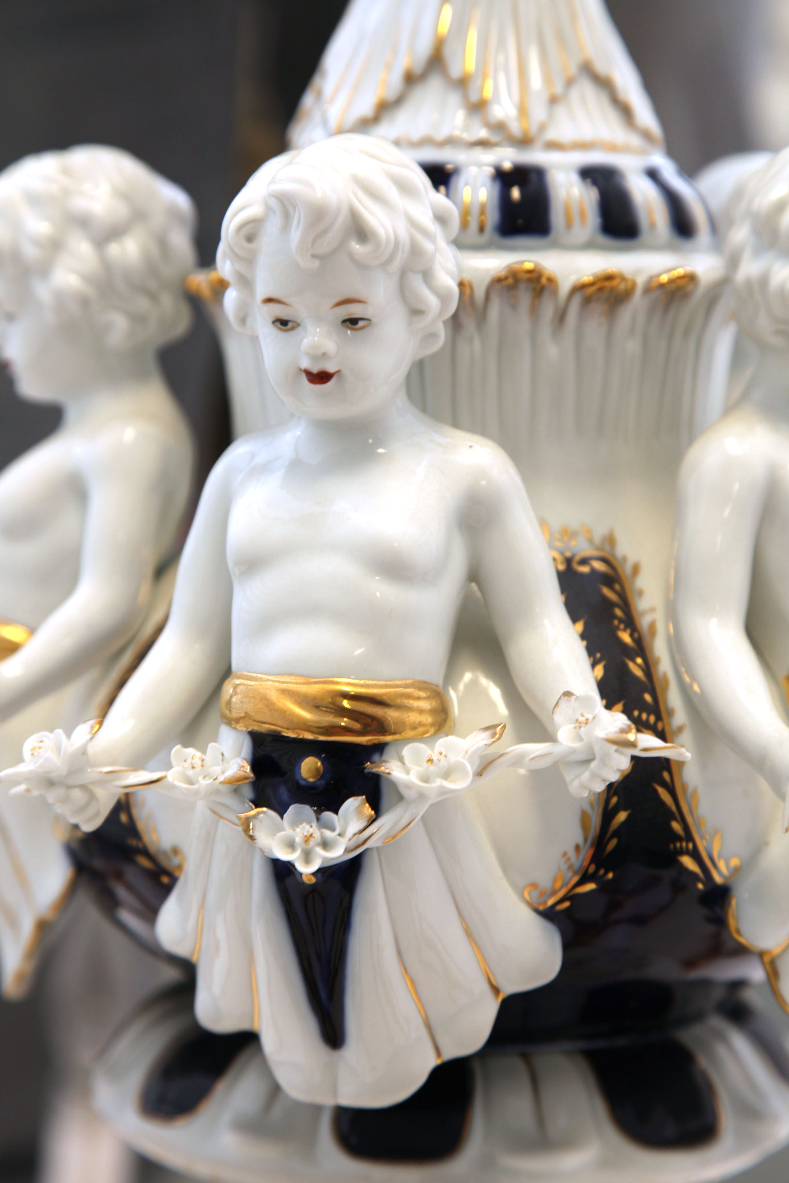 White and Gold Tone Porcelain and Metal Ceiling Mount Chandelier