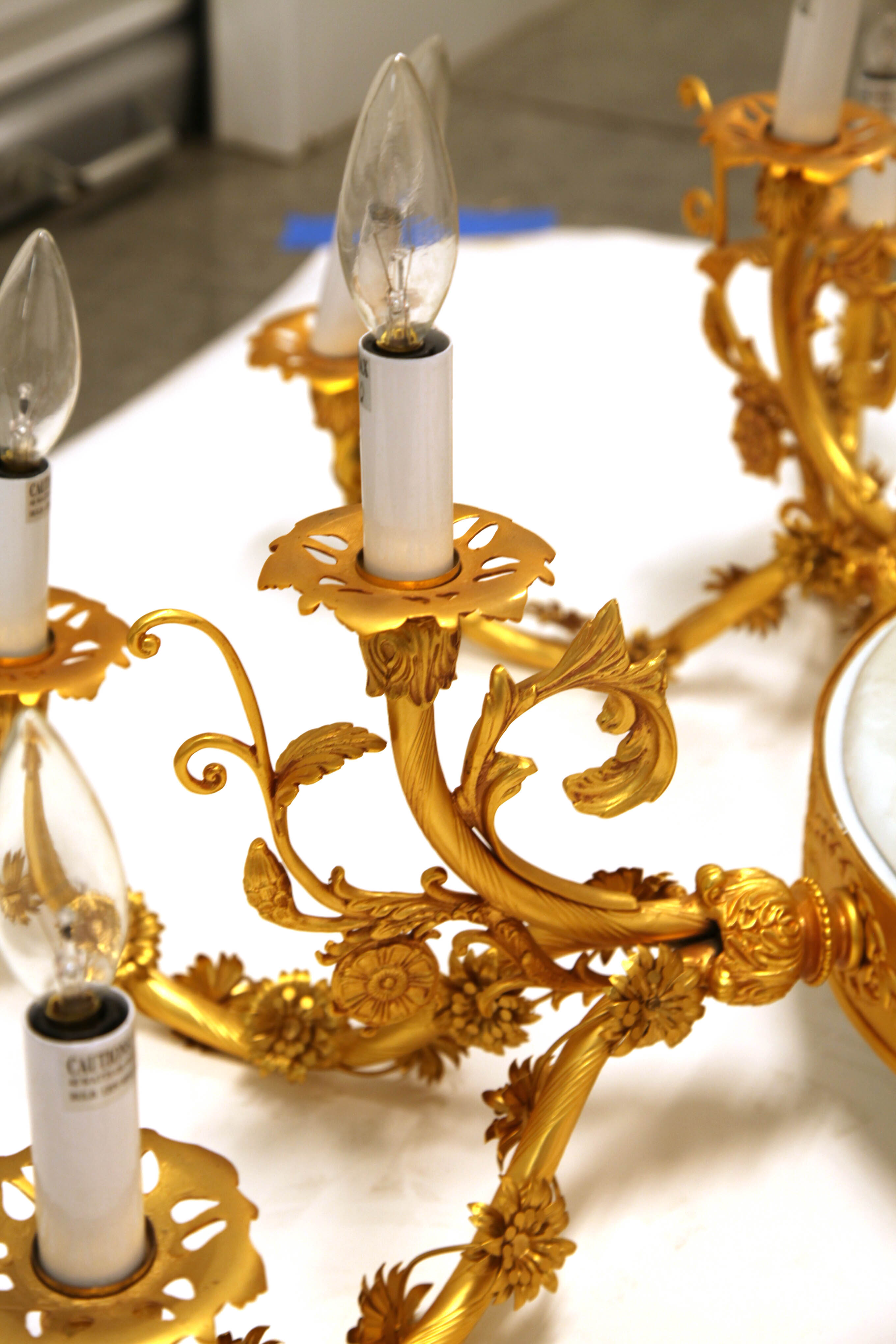 White and Gold Tone Porcelain and Metal Ceiling Mount Chandelier