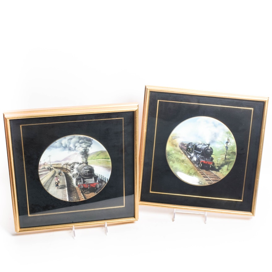 Pair of  Framed Vintage Train Themed Plates including Coalport