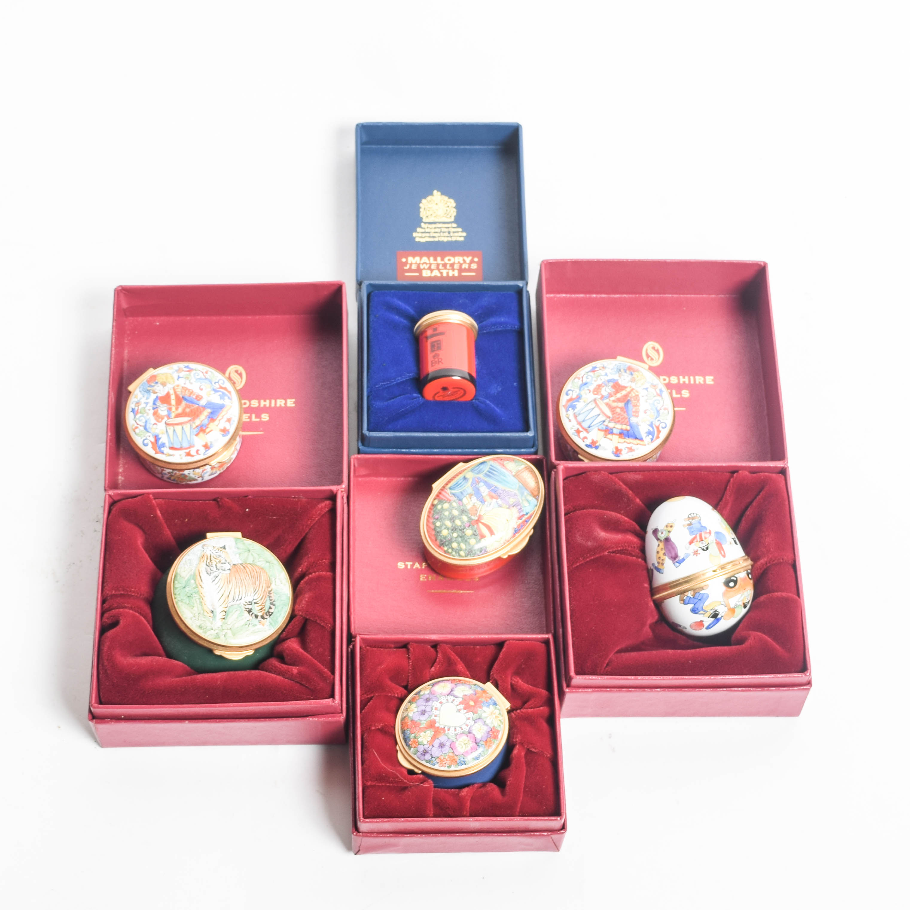 Assortment of Staffordshire and Halcyon Days Enamel Boxes