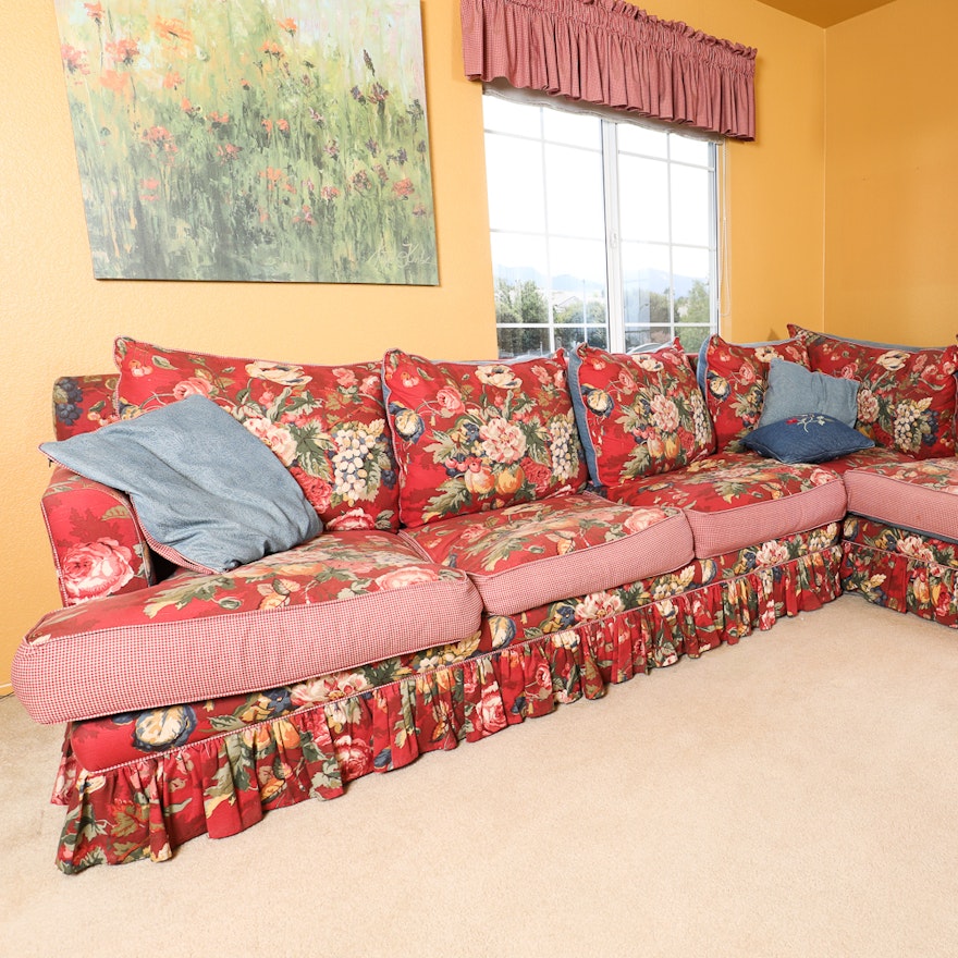 Reversible Denim and Floral Print Sectional with Ethan Allen Red Gingham Ottoman