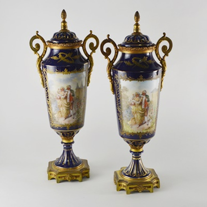 Antique French Sèvres Style Ormolu-Mounted Lidded Urns/Vases