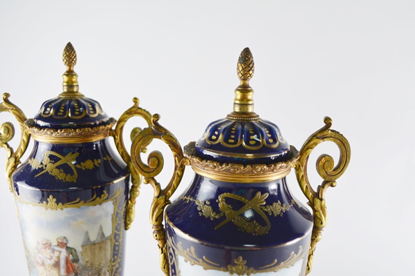 Antique French Sèvres Style Ormolu-Mounted Lidded Urns/Vases