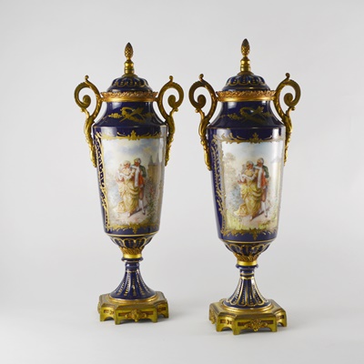 Antique French Sèvres Style Ormolu-Mounted Lidded Urns/Vases