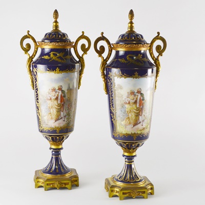 Antique French Sèvres Style Ormolu-Mounted Lidded Urns/Vases