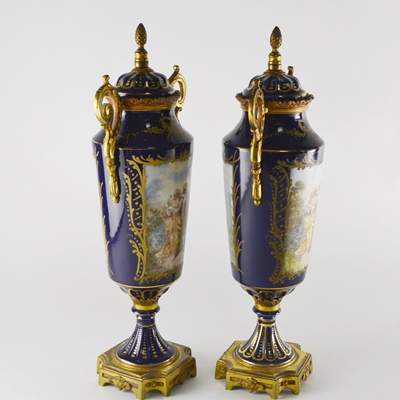 Antique French Sèvres Style Ormolu-Mounted Lidded Urns/Vases