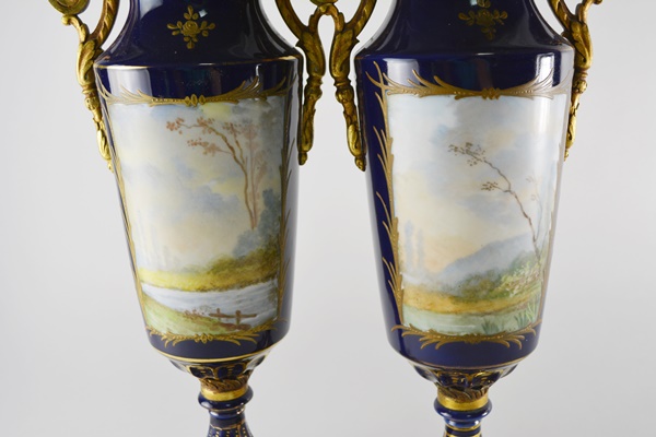 Antique French Sèvres Style Ormolu-Mounted Lidded Urns/Vases