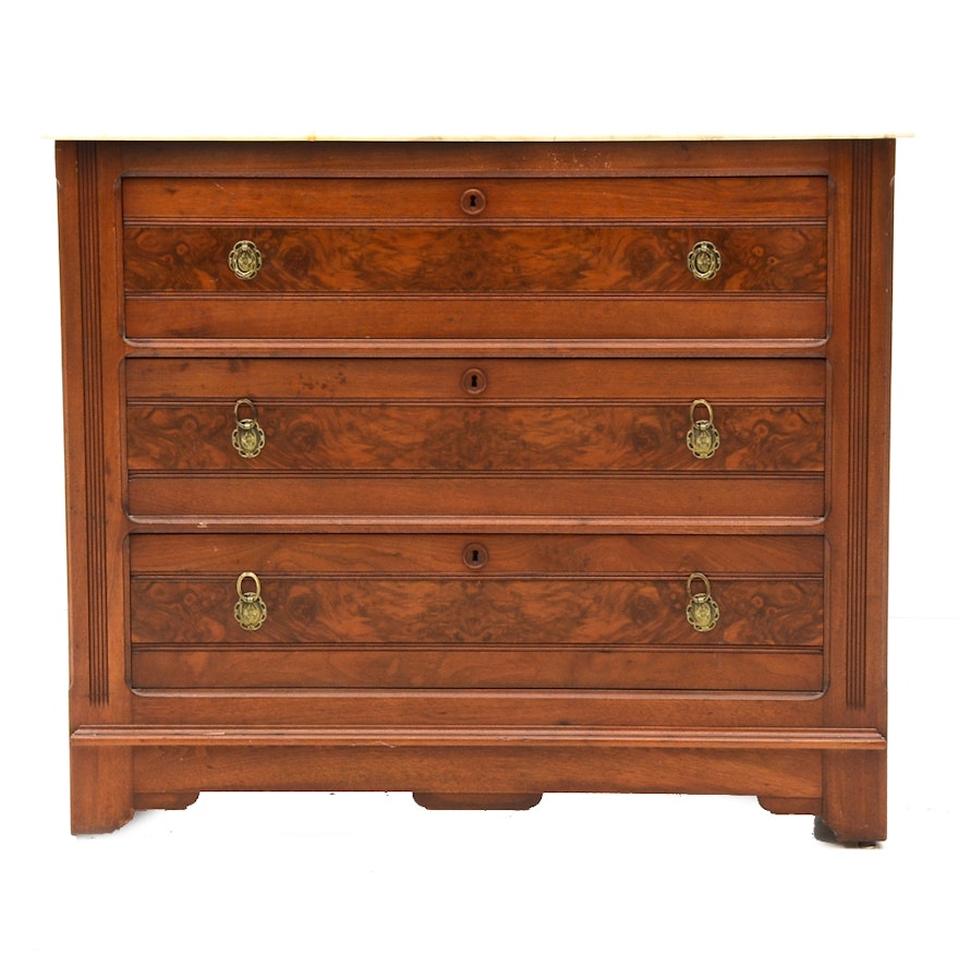 Antique Walnut Three-Drawer Chest with Marble Top