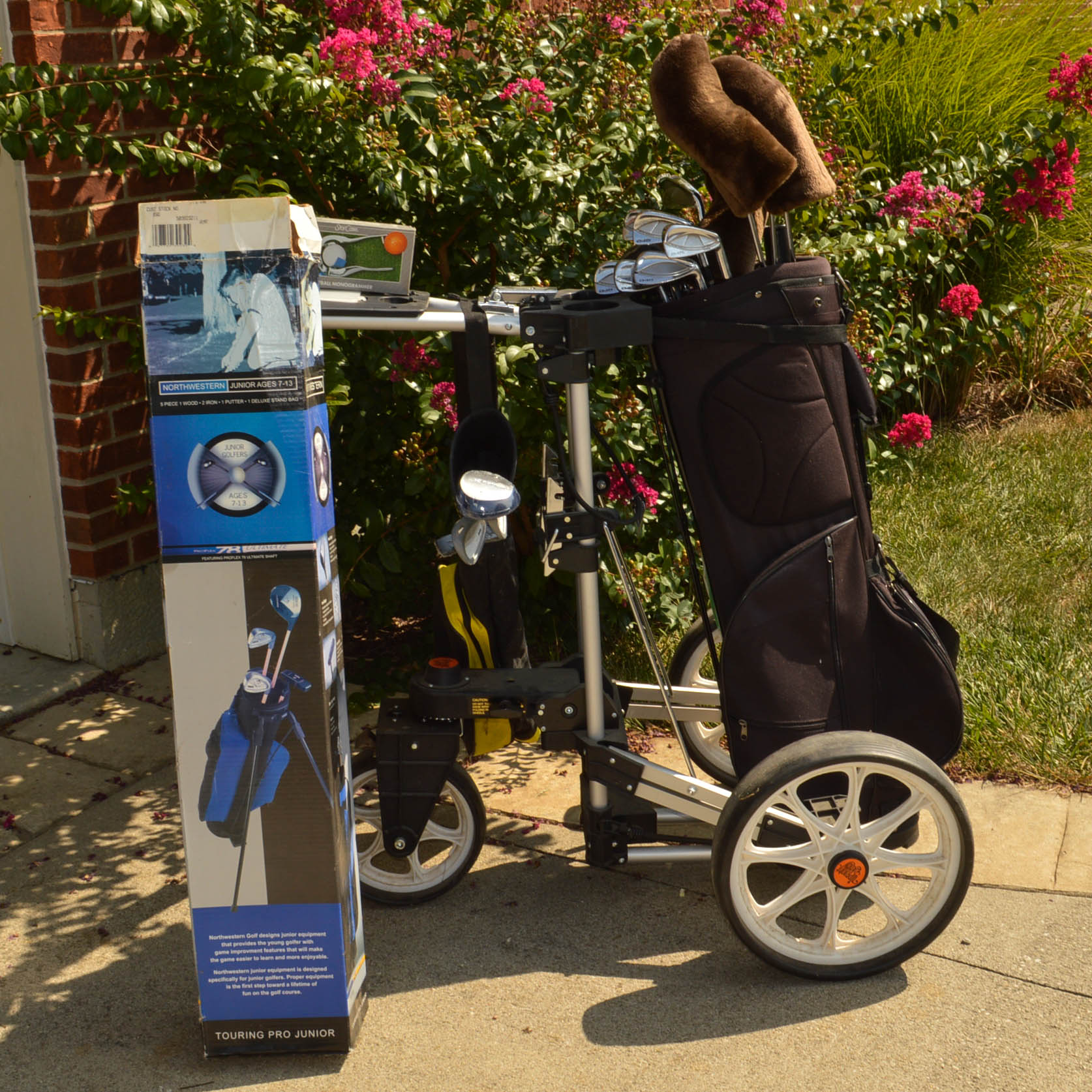 Upright Caddy Walk-Behind Golf Cart, Clubs, and Junior Sets