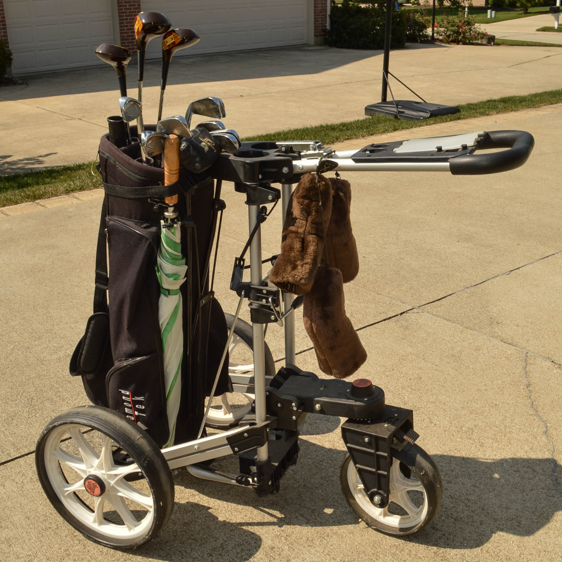 Upright Caddy Walk-Behind Golf Cart, Clubs, and Junior Sets
