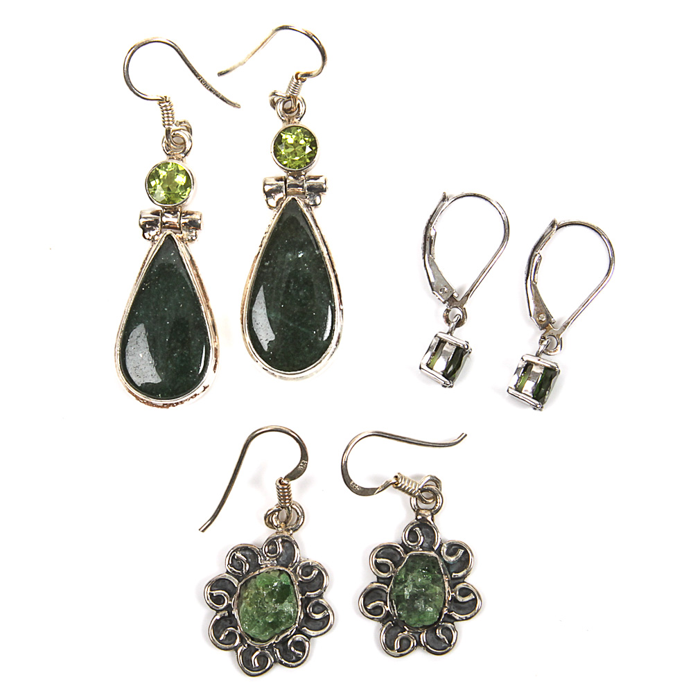 Variety of Sterling Silver Earrings with Green Gemstones
