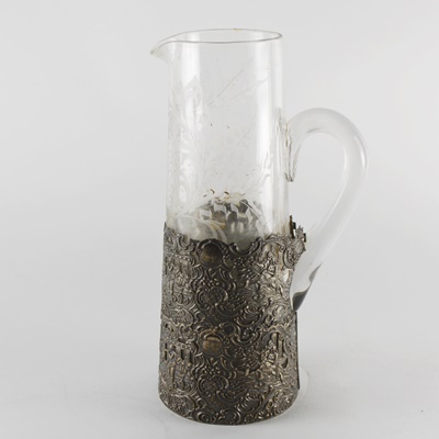 Antique 800 Silver Overlay Etched Glass Pitcher After Wolf & Knell, Hanau