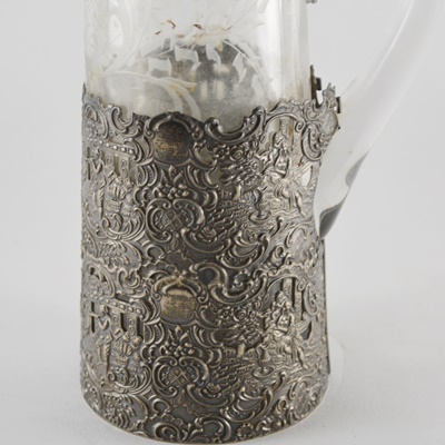 Antique 800 Silver Overlay Etched Glass Pitcher After Wolf & Knell, Hanau