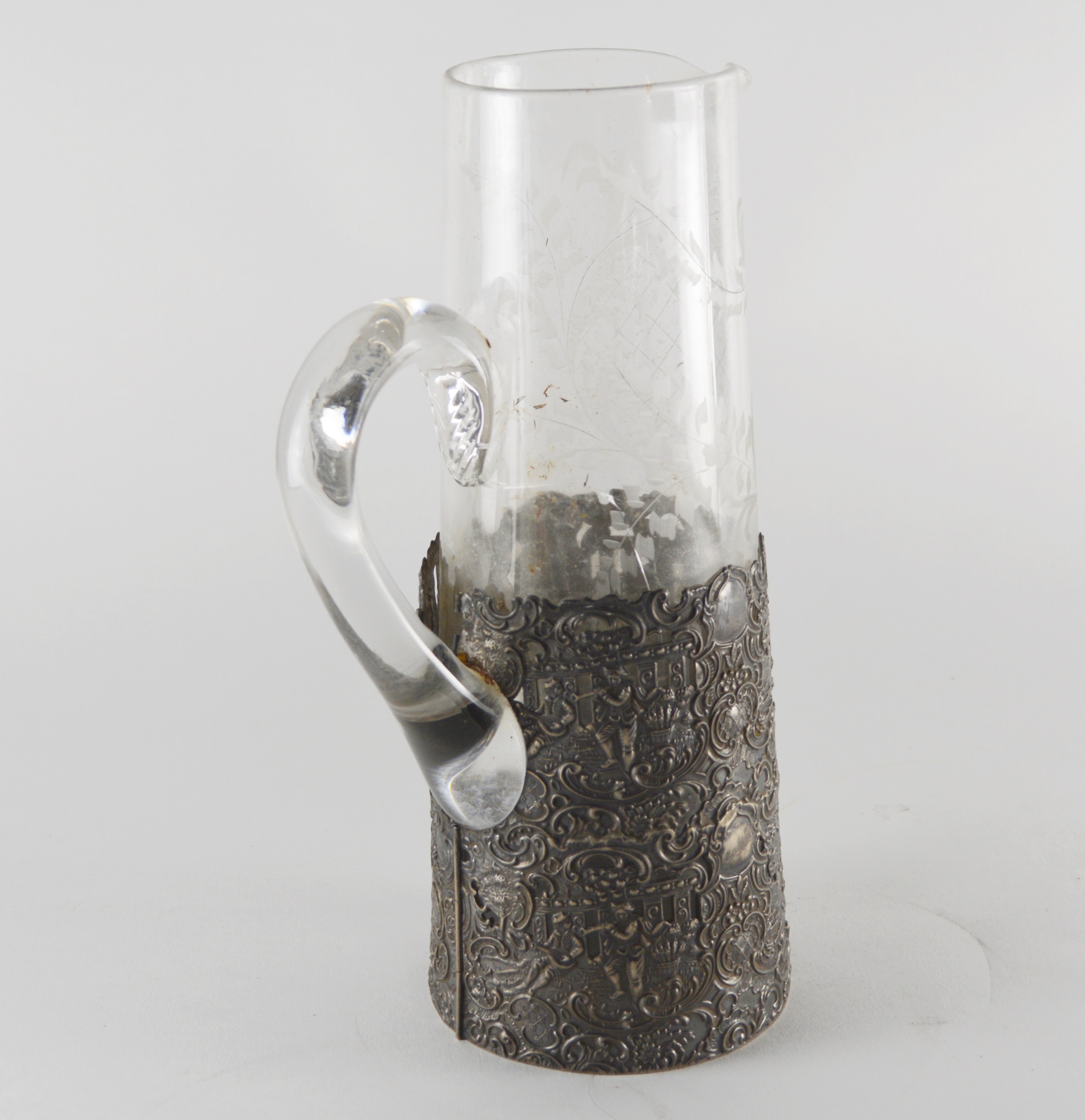 Antique 800 Silver Overlay Etched Glass Pitcher After Wolf & Knell, Hanau