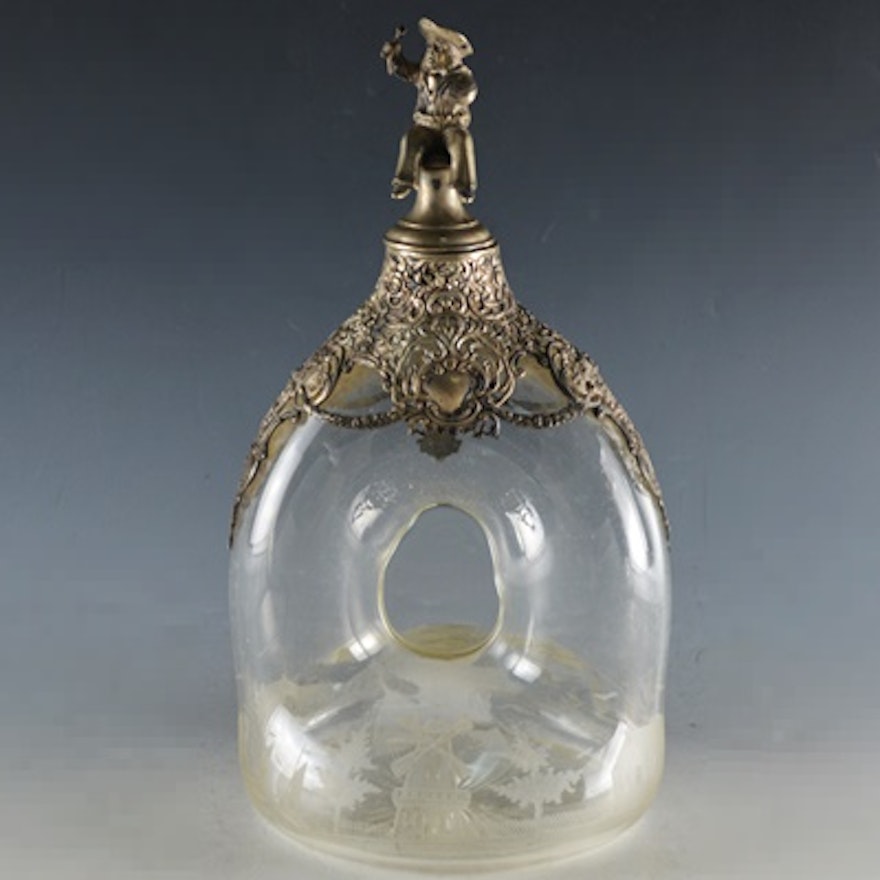 Antique 800 Silver Overlay Etched Glass Decanter After Wolf & Knell, Hanau