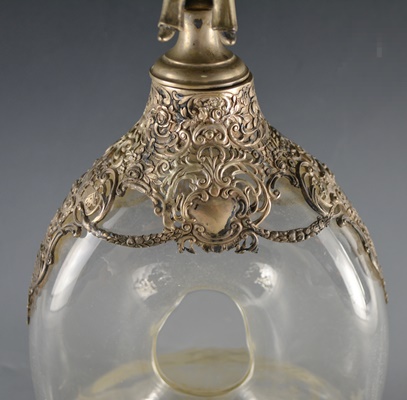 Antique 800 Silver Overlay Etched Glass Decanter After Wolf & Knell, Hanau