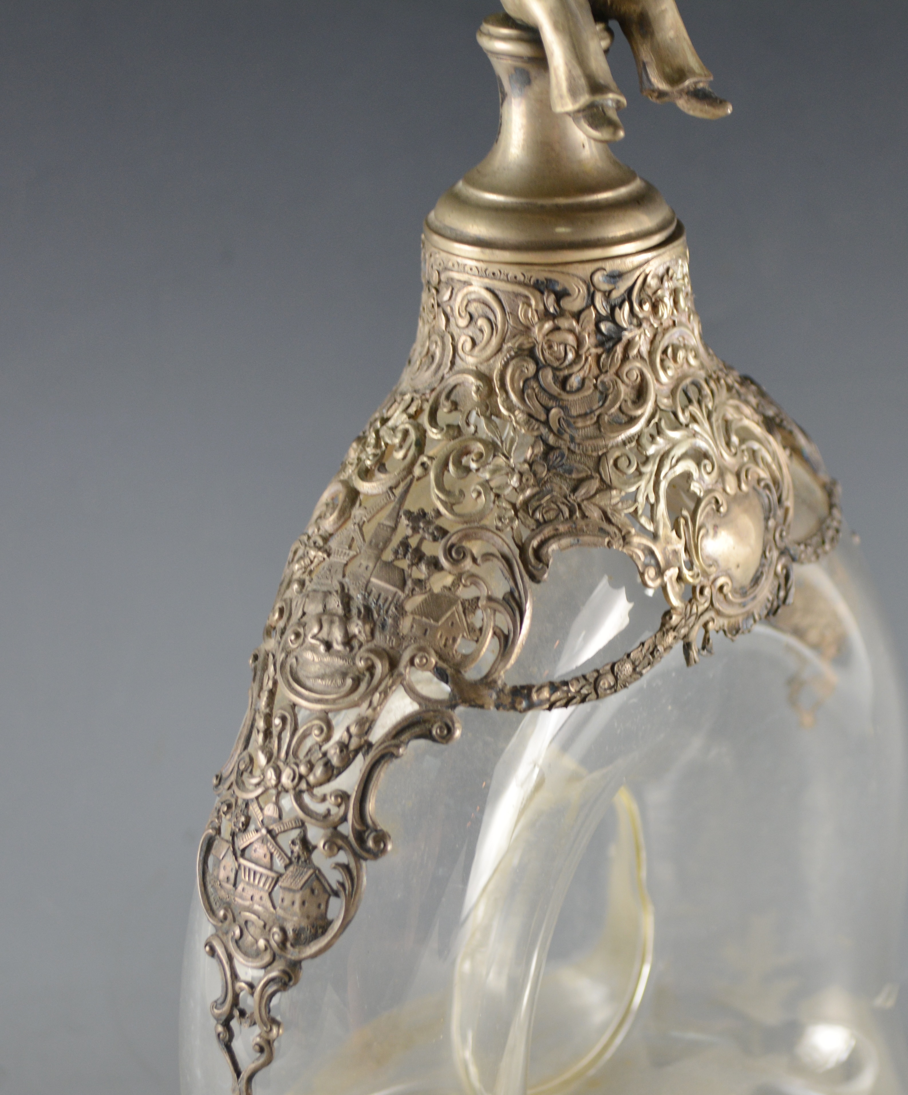 Antique 800 Silver Overlay Etched Glass Decanter After Wolf & Knell, Hanau