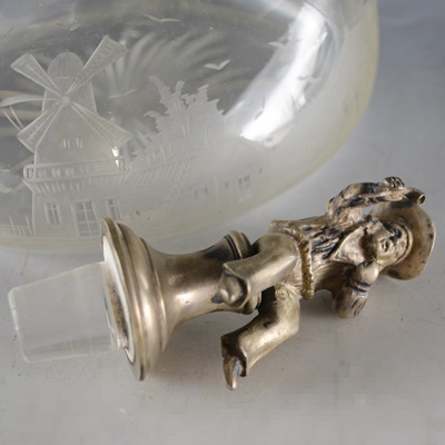 Antique 800 Silver Overlay Etched Glass Decanter After Wolf & Knell, Hanau