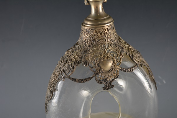 Antique 800 Silver Overlay Etched Glass Decanter After Wolf & Knell, Hanau