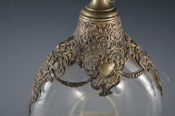 Antique 800 Silver Overlay Etched Glass Decanter After Wolf & Knell, Hanau