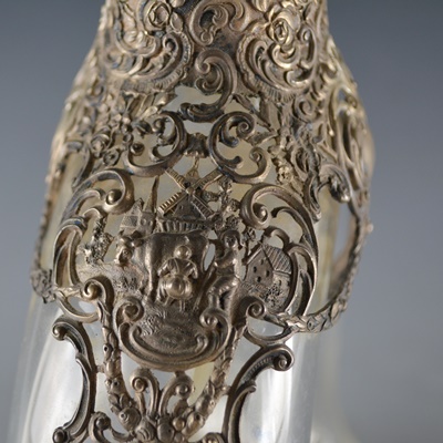 Antique 800 Silver Overlay Etched Glass Decanter After Wolf & Knell, Hanau