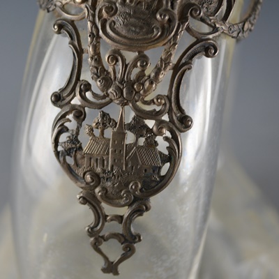 Antique 800 Silver Overlay Etched Glass Decanter After Wolf & Knell, Hanau