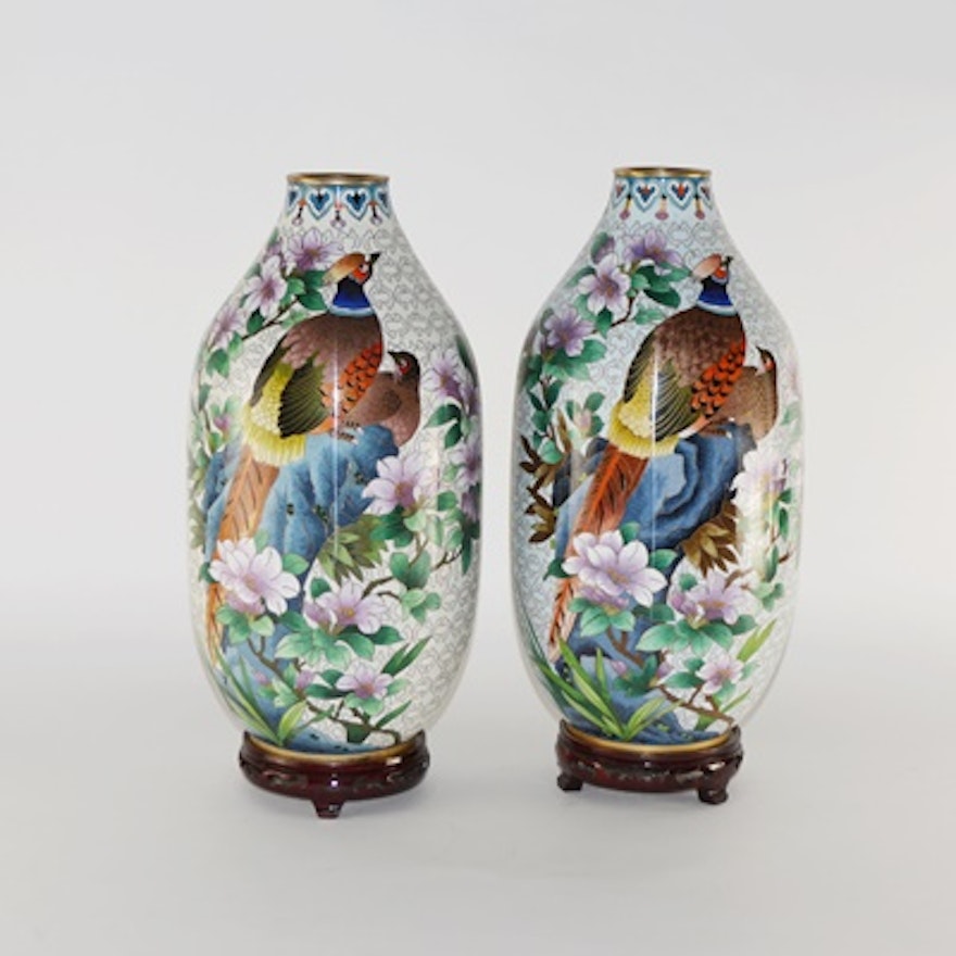 Vintage Chinese Cloisonné Pheasant Vases