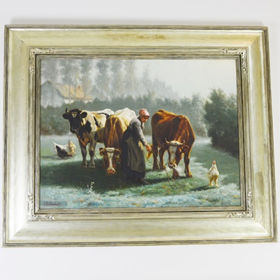 Henri De Beul Original Oil Painting of Pastoral Cow Scene