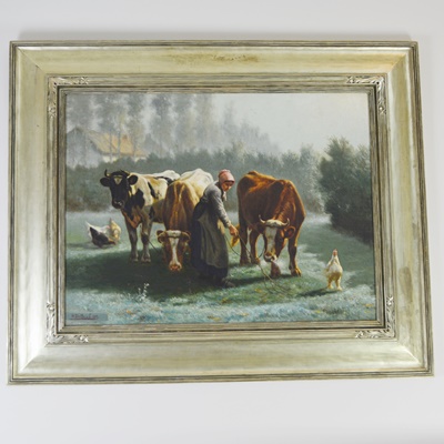 Henri De Beul Original Oil Painting of Pastoral Cow Scene