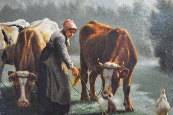 Henri De Beul Original Oil Painting of Pastoral Cow Scene