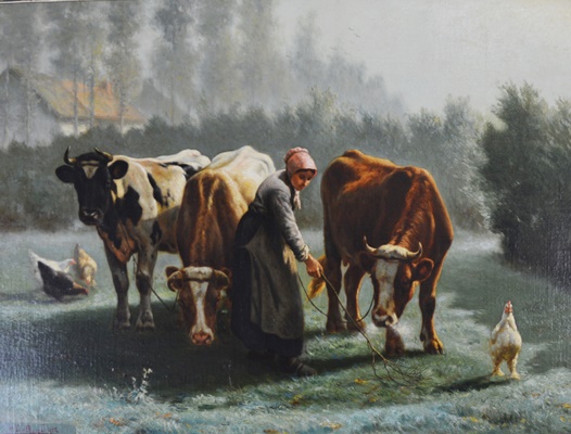Henri De Beul Original Oil Painting of Pastoral Cow Scene