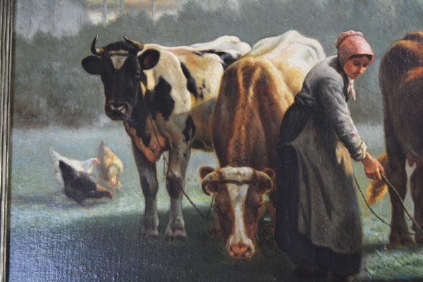 Henri De Beul Original Oil Painting of Pastoral Cow Scene