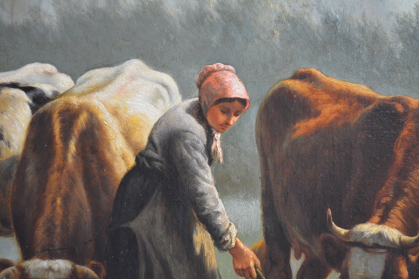 Henri De Beul Original Oil Painting of Pastoral Cow Scene