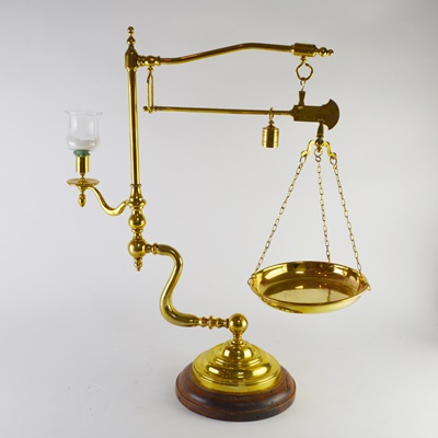 Vintage Brass Scale With Pan, Weight and Candleholder