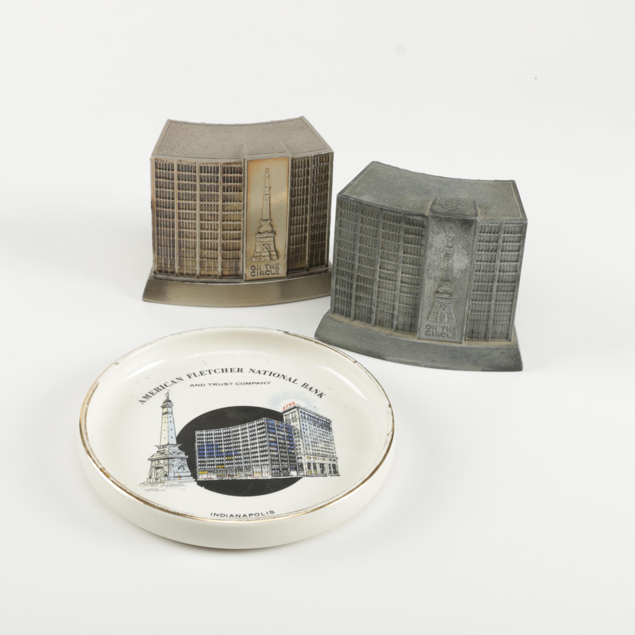Bank Themed Metal Coin Banks and Ceramic Dish