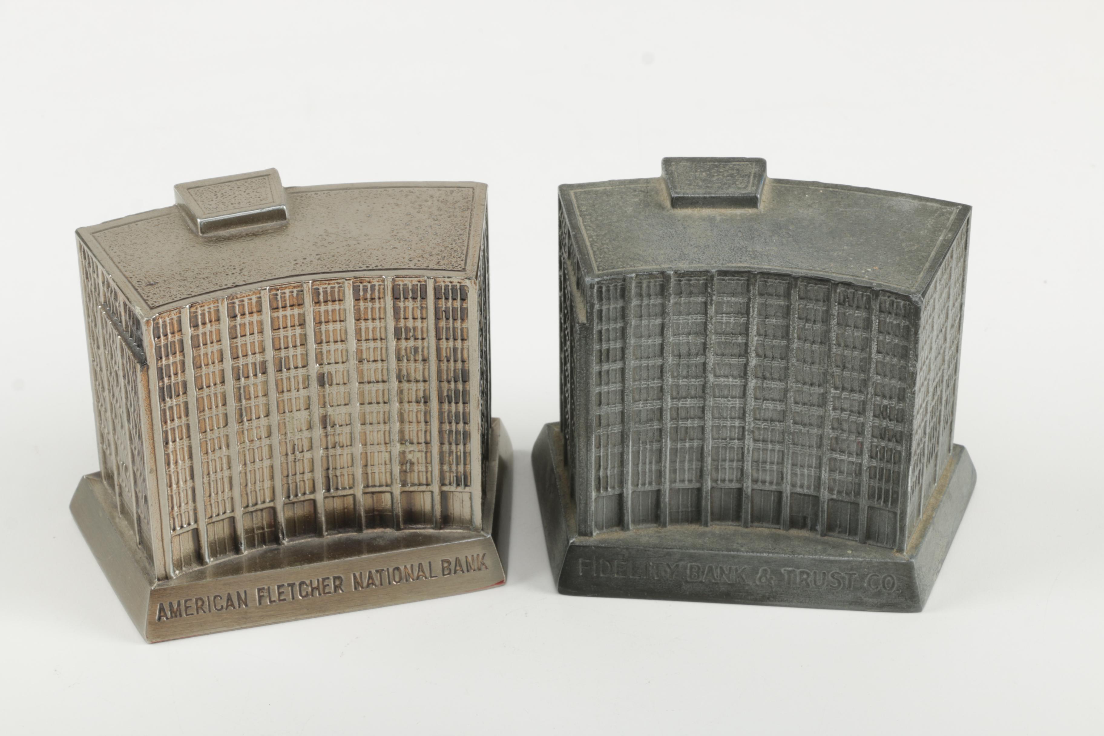 Bank Themed Metal Coin Banks and Ceramic Dish