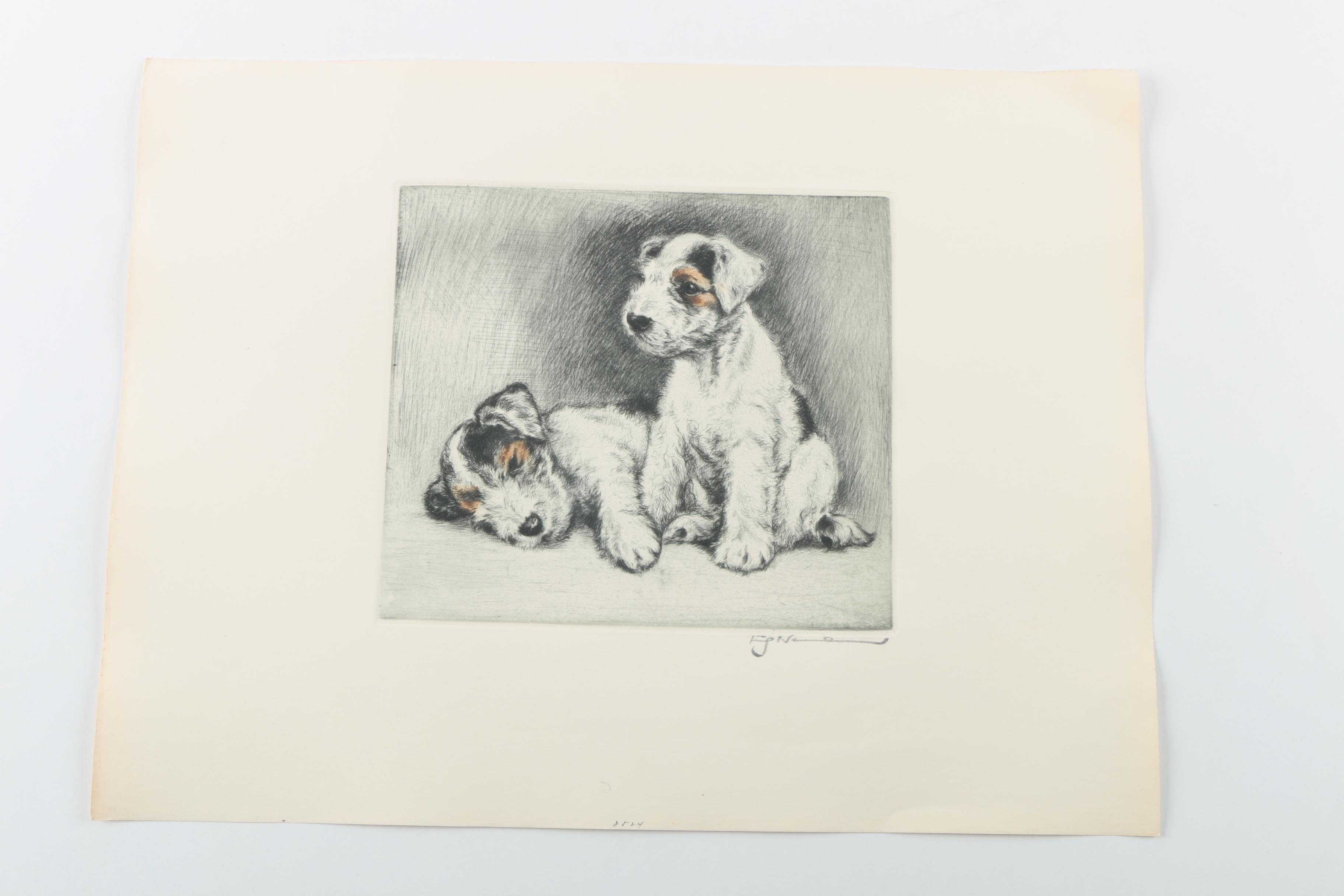 Fritz Neumann Drypoint Engravings of Terrier Puppies