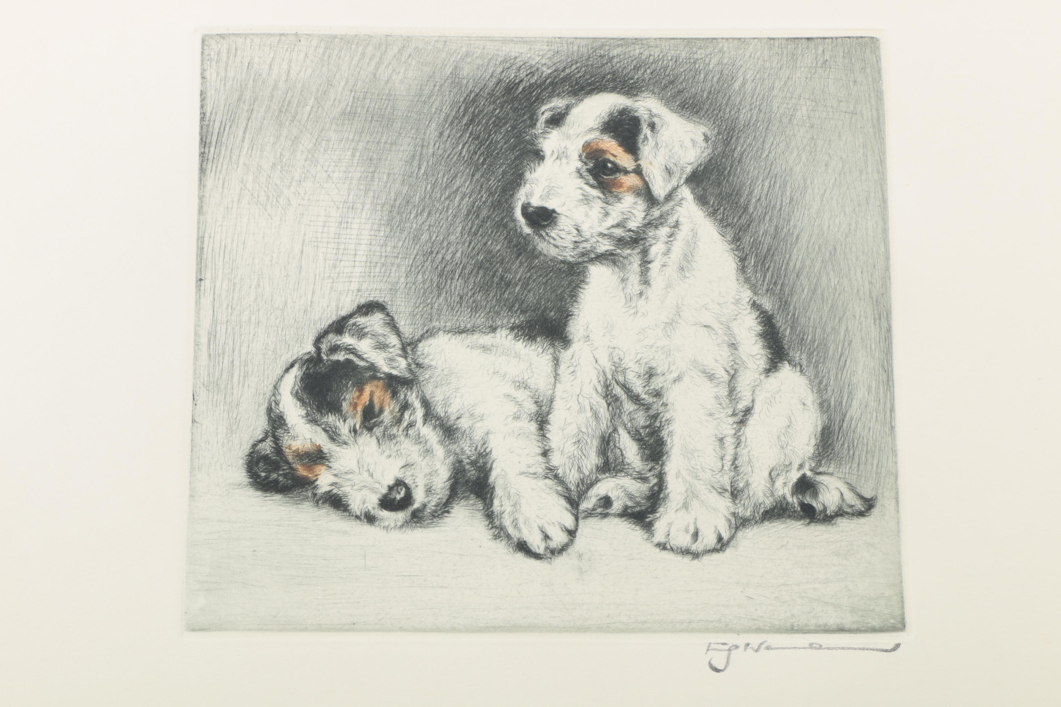 Fritz Neumann Drypoint Engravings of Terrier Puppies