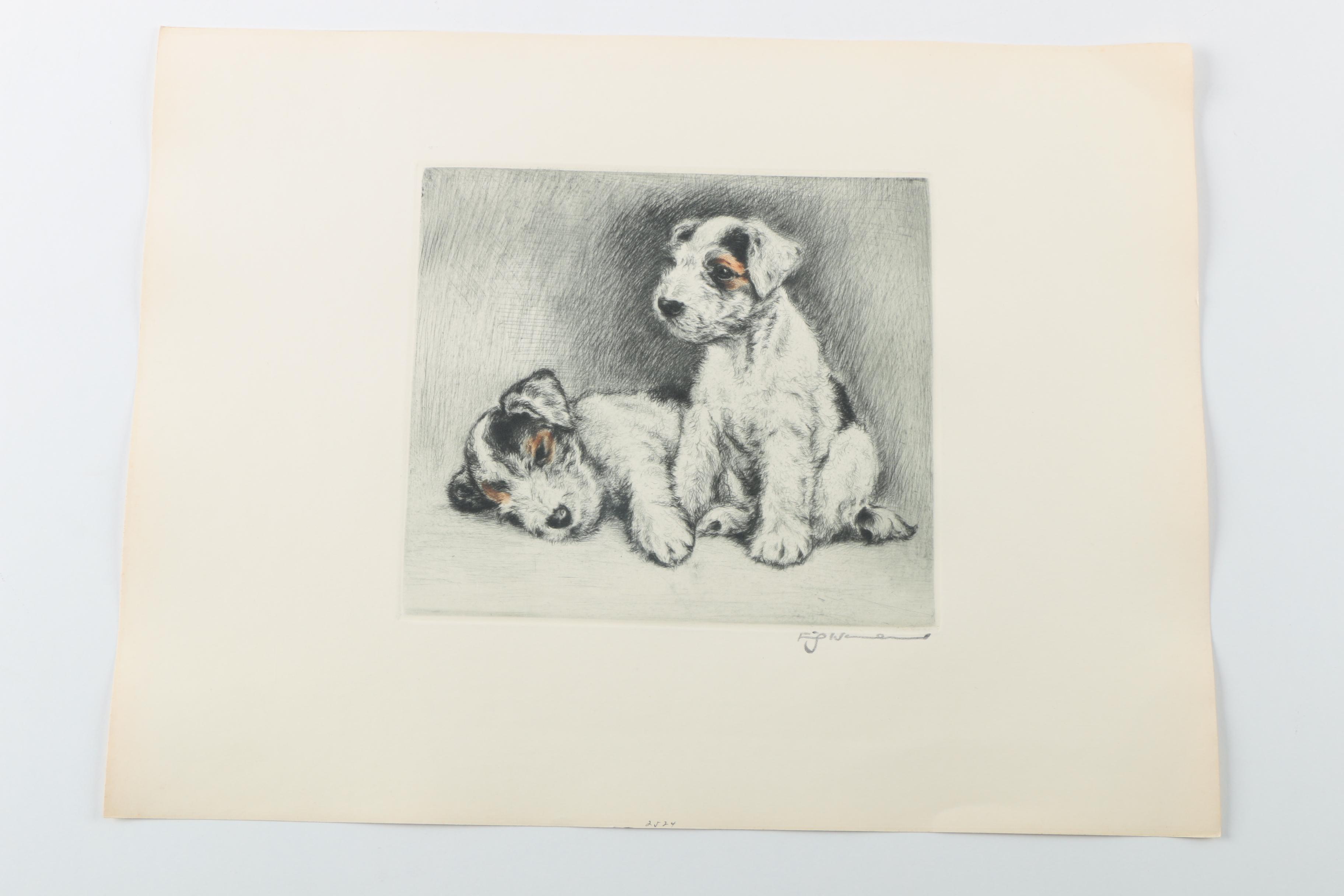 Fritz Neumann Drypoint Engravings of Terrier Puppies