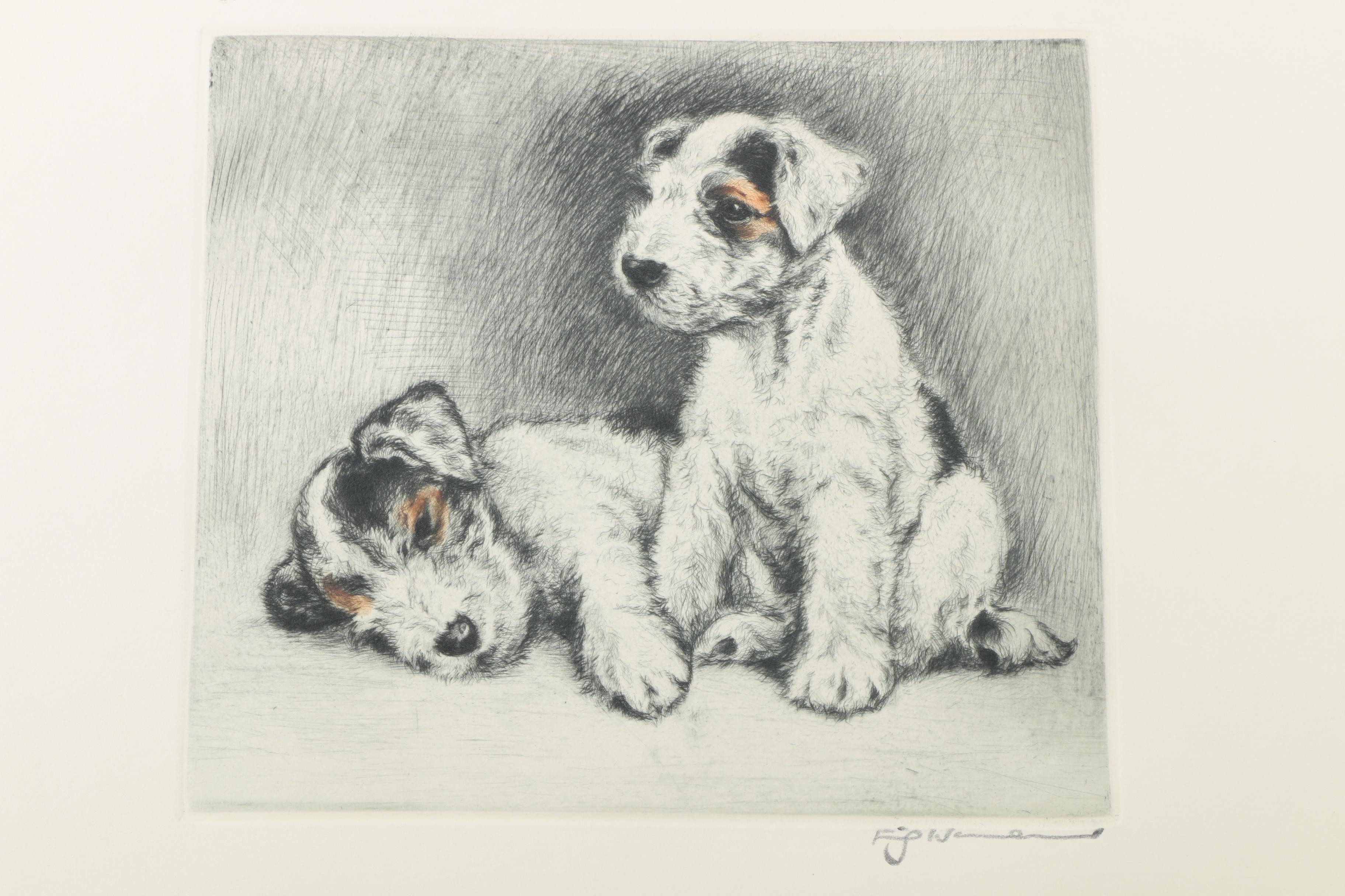 Fritz Neumann Drypoint Engravings of Terrier Puppies