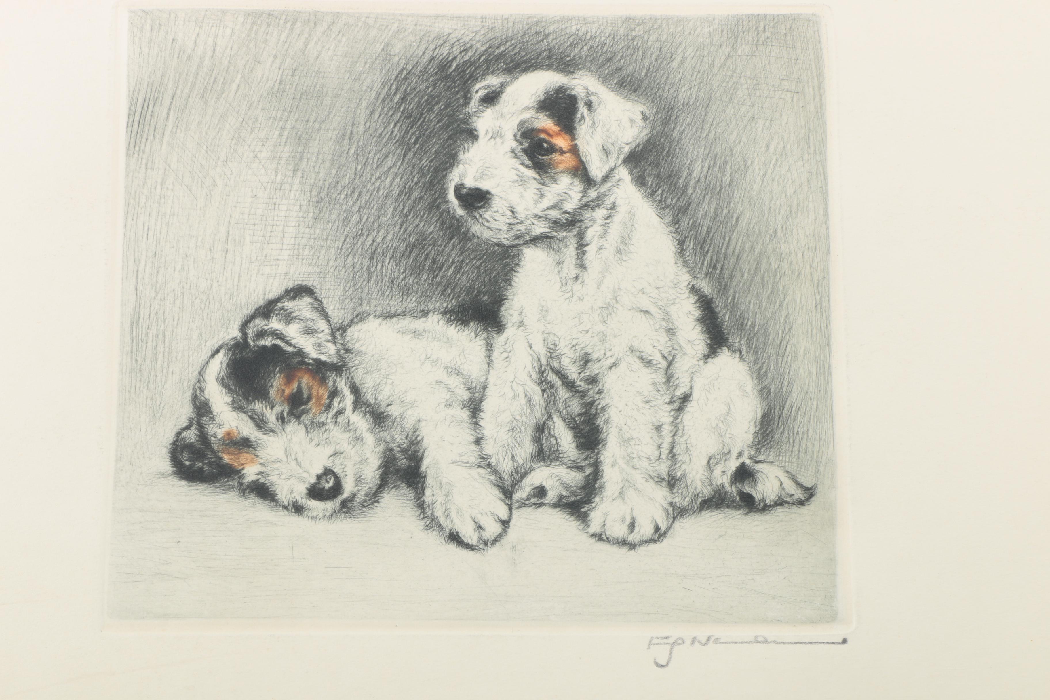 Fritz Neumann Drypoint Engravings of Terrier Puppies