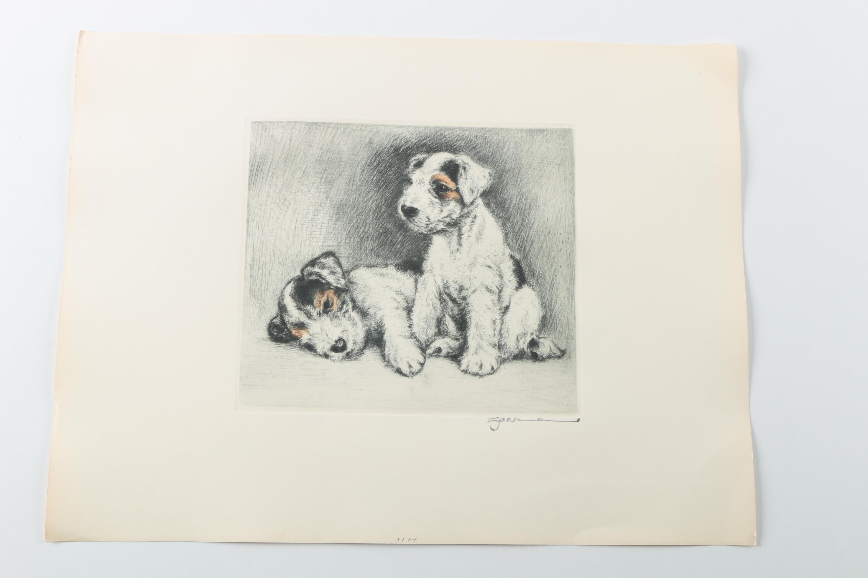 Fritz Neumann Drypoint Engravings of Terrier Puppies