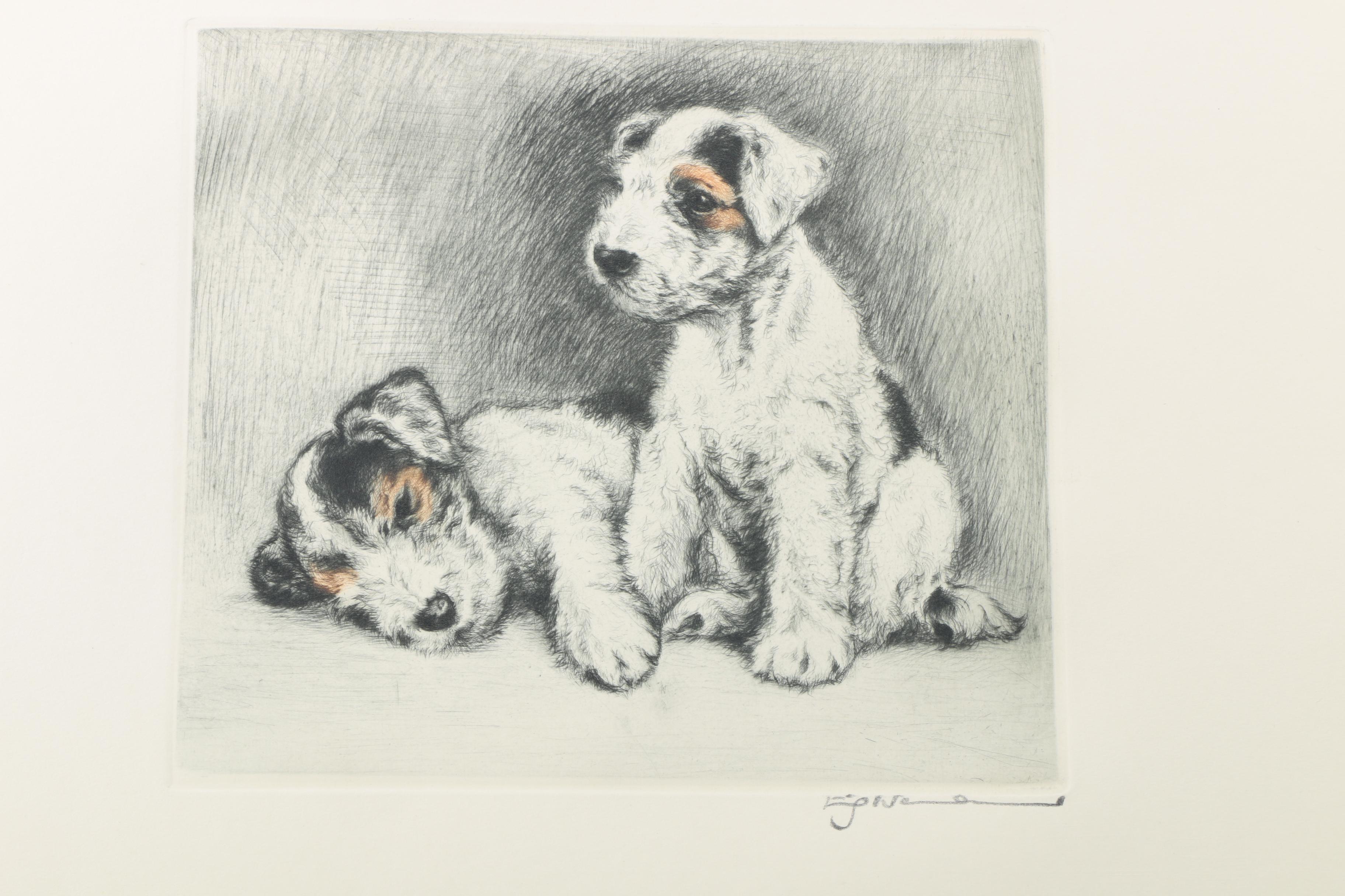 Fritz Neumann Drypoint Engravings of Terrier Puppies