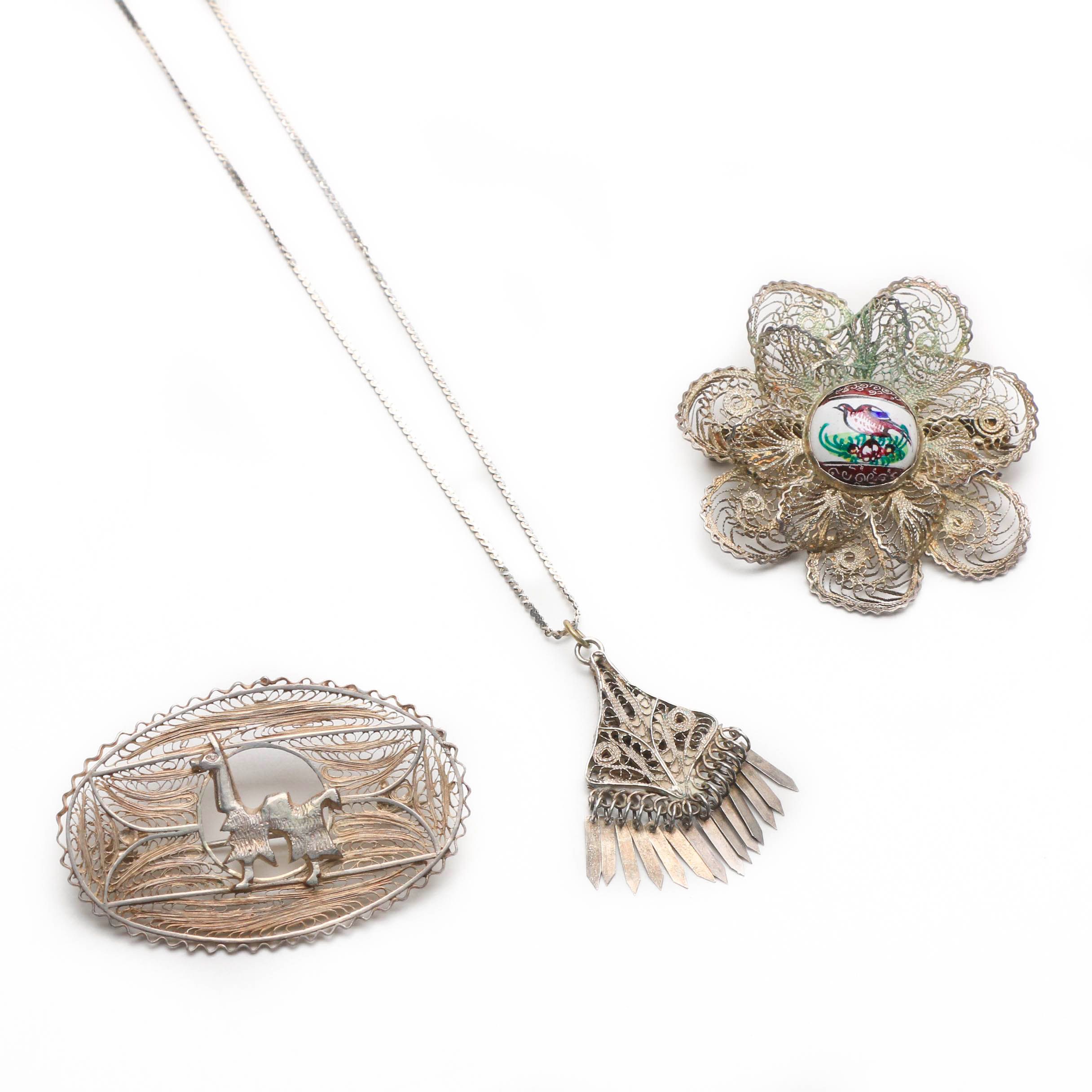 800 Silver Necklace and Two Brooches