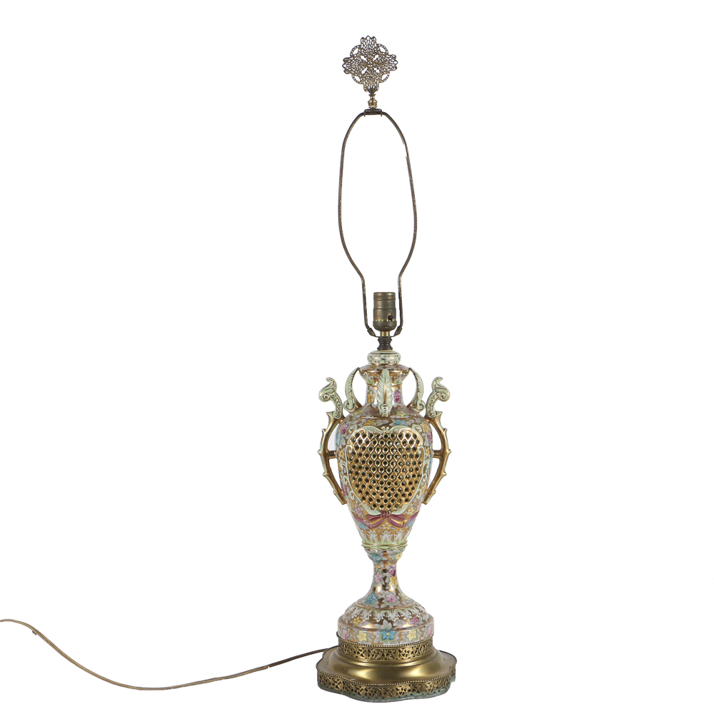 Reticulated Porcelain Urn Table Lamp with Brass Hardware