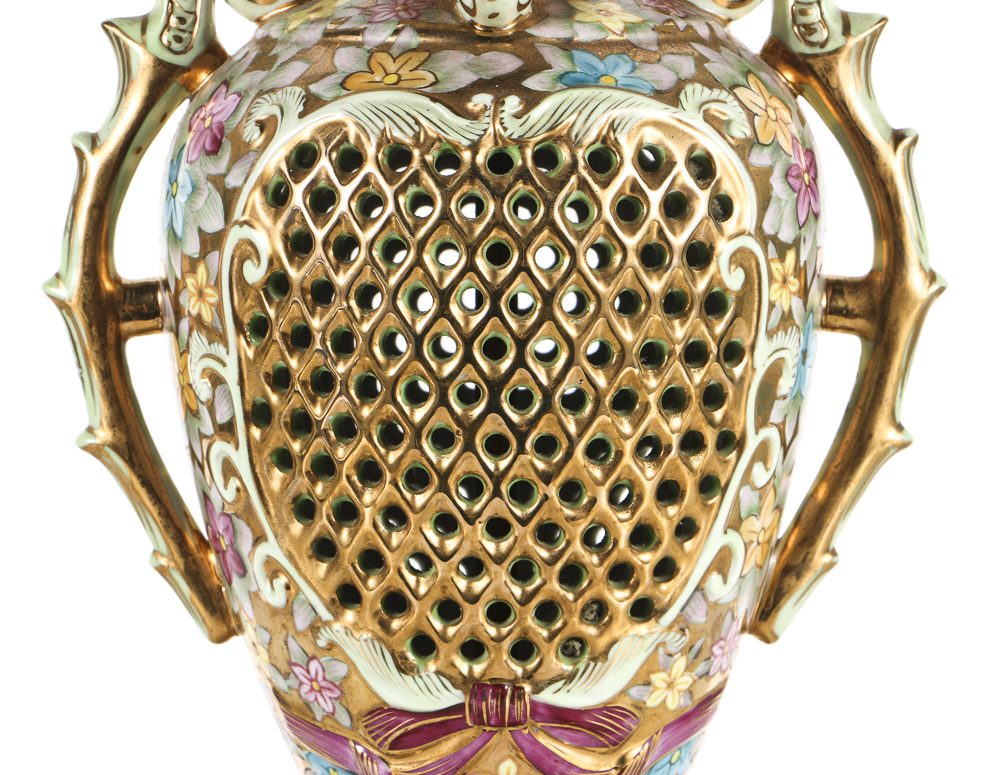 Reticulated Porcelain Urn Table Lamp with Brass Hardware