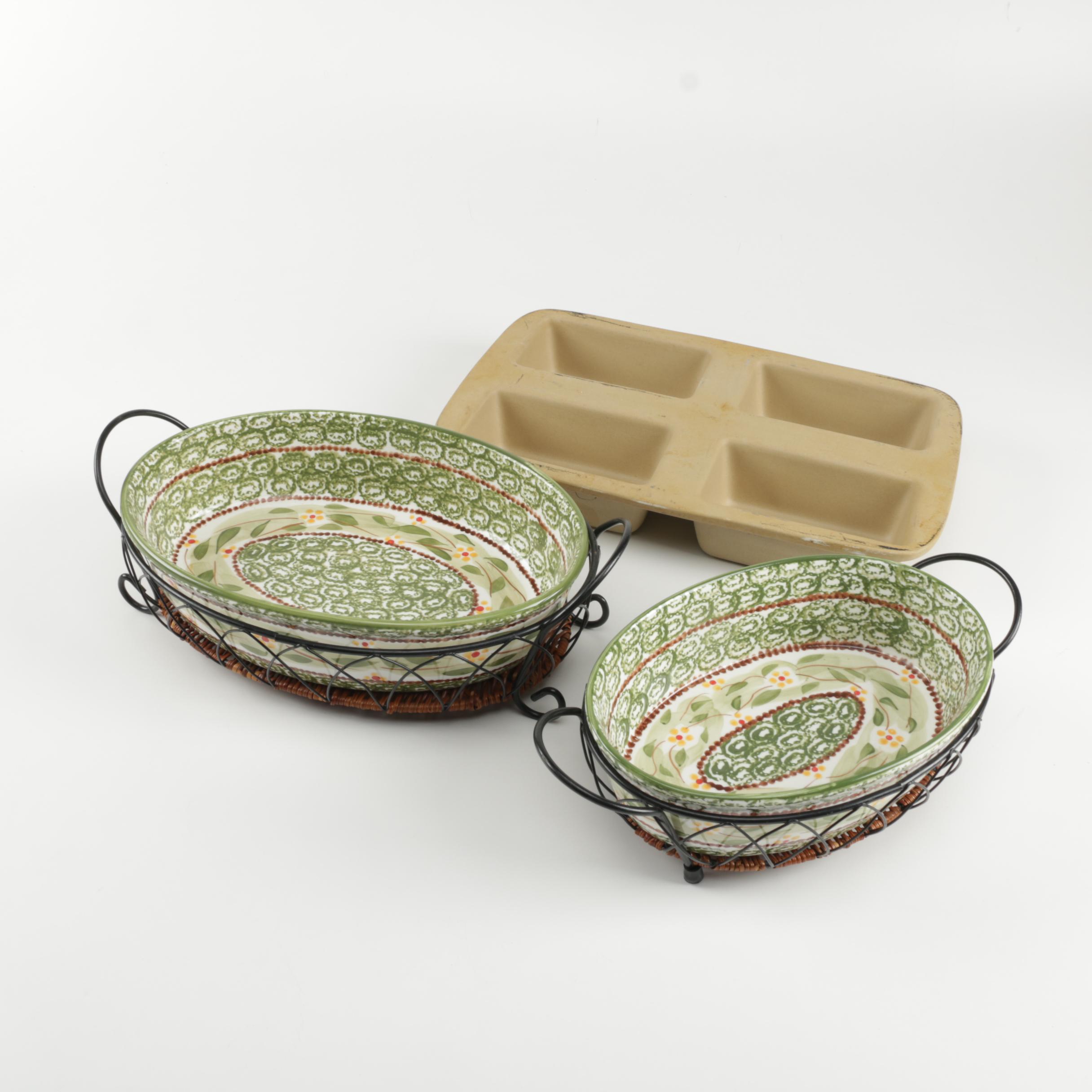 Two Floral Serving Bowls with Stands and Lids and Stone Loaf Pan