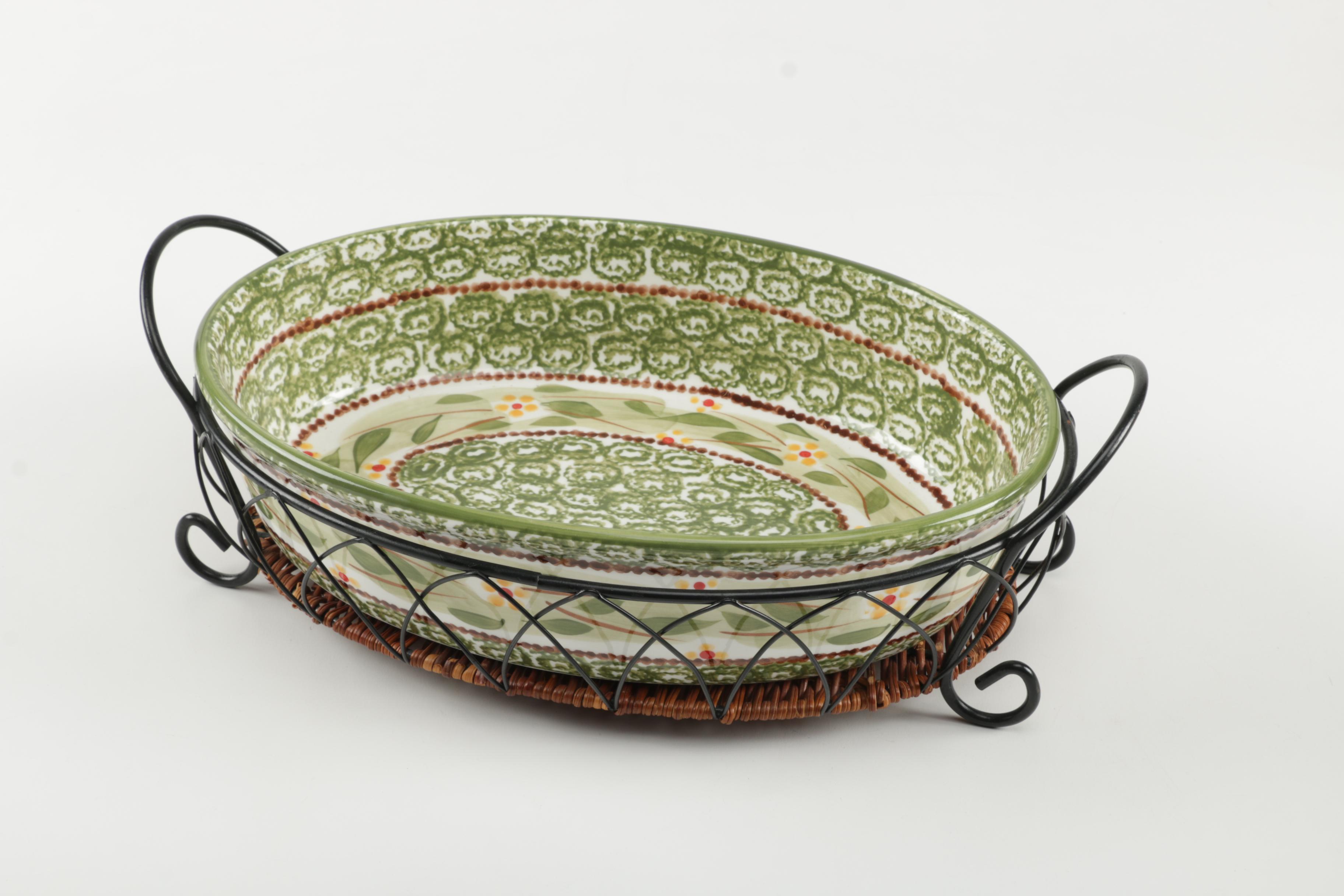 Two Floral Serving Bowls with Stands and Lids and Stone Loaf Pan