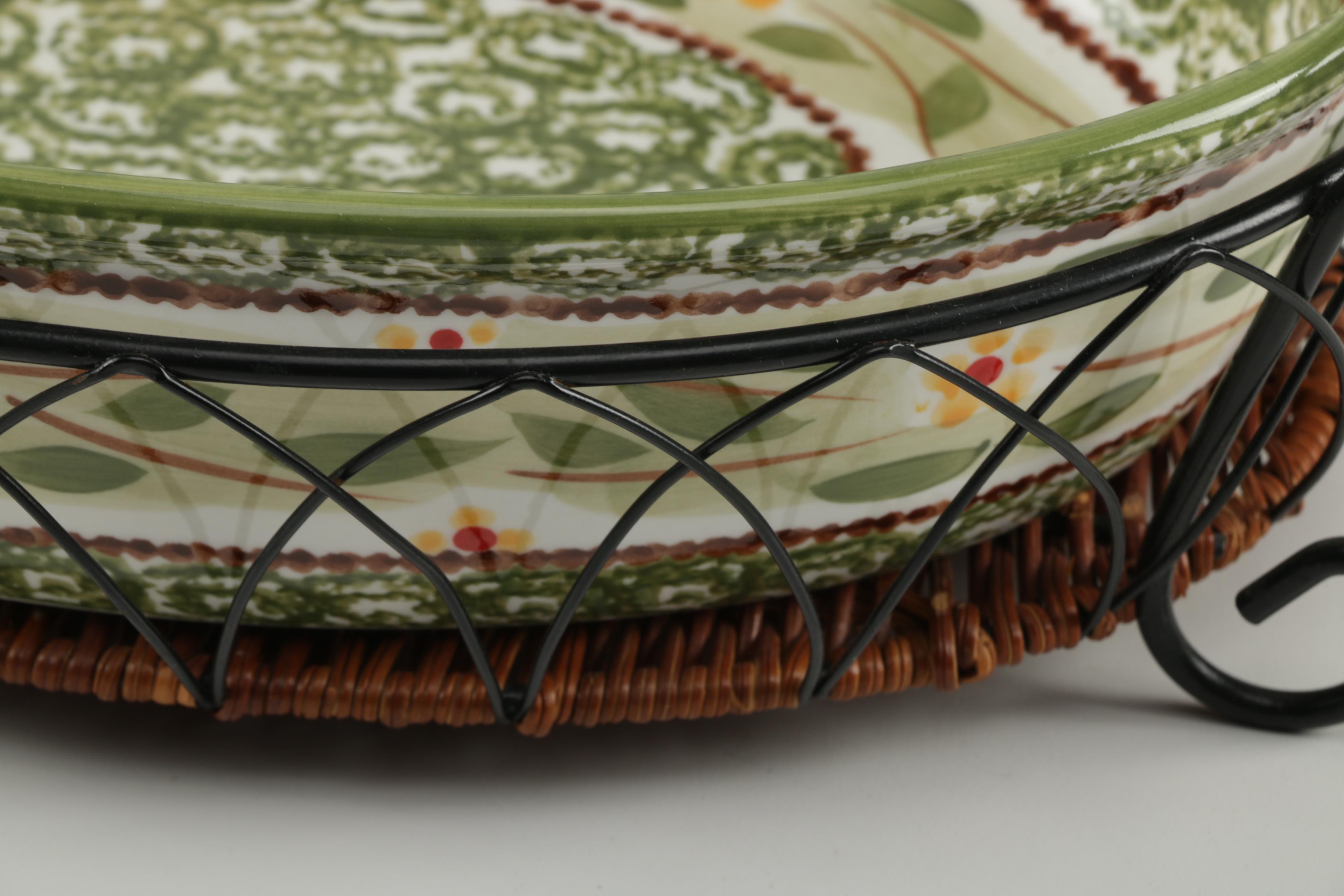 Two Floral Serving Bowls with Stands and Lids and Stone Loaf Pan