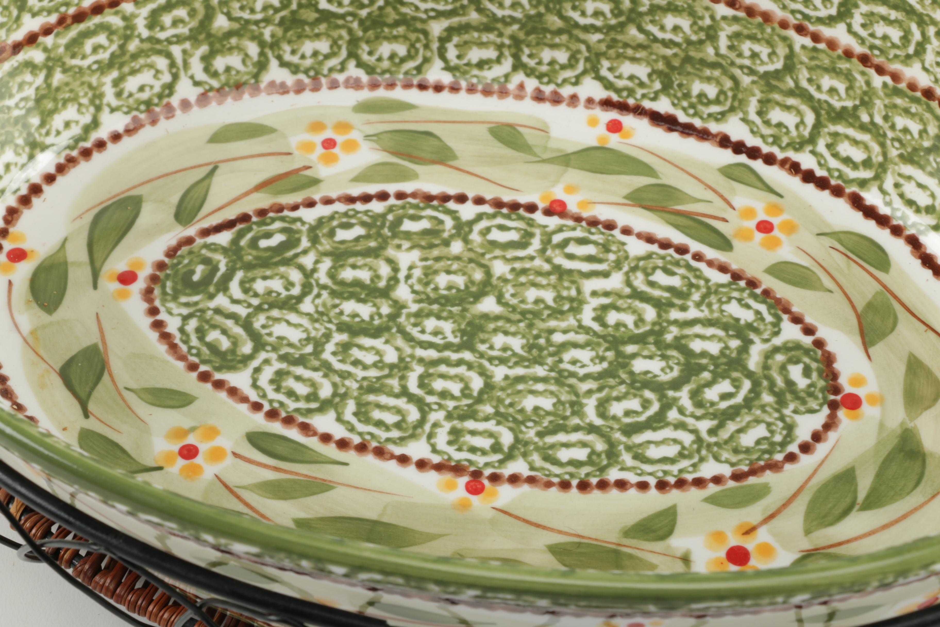 Two Floral Serving Bowls with Stands and Lids and Stone Loaf Pan